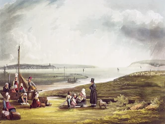Quillebeuf, de "Vistas sobre o Sena", gravado por Thomas Sutherland (n.1855), publicado por R. Ackermann (1764-1834) 1821